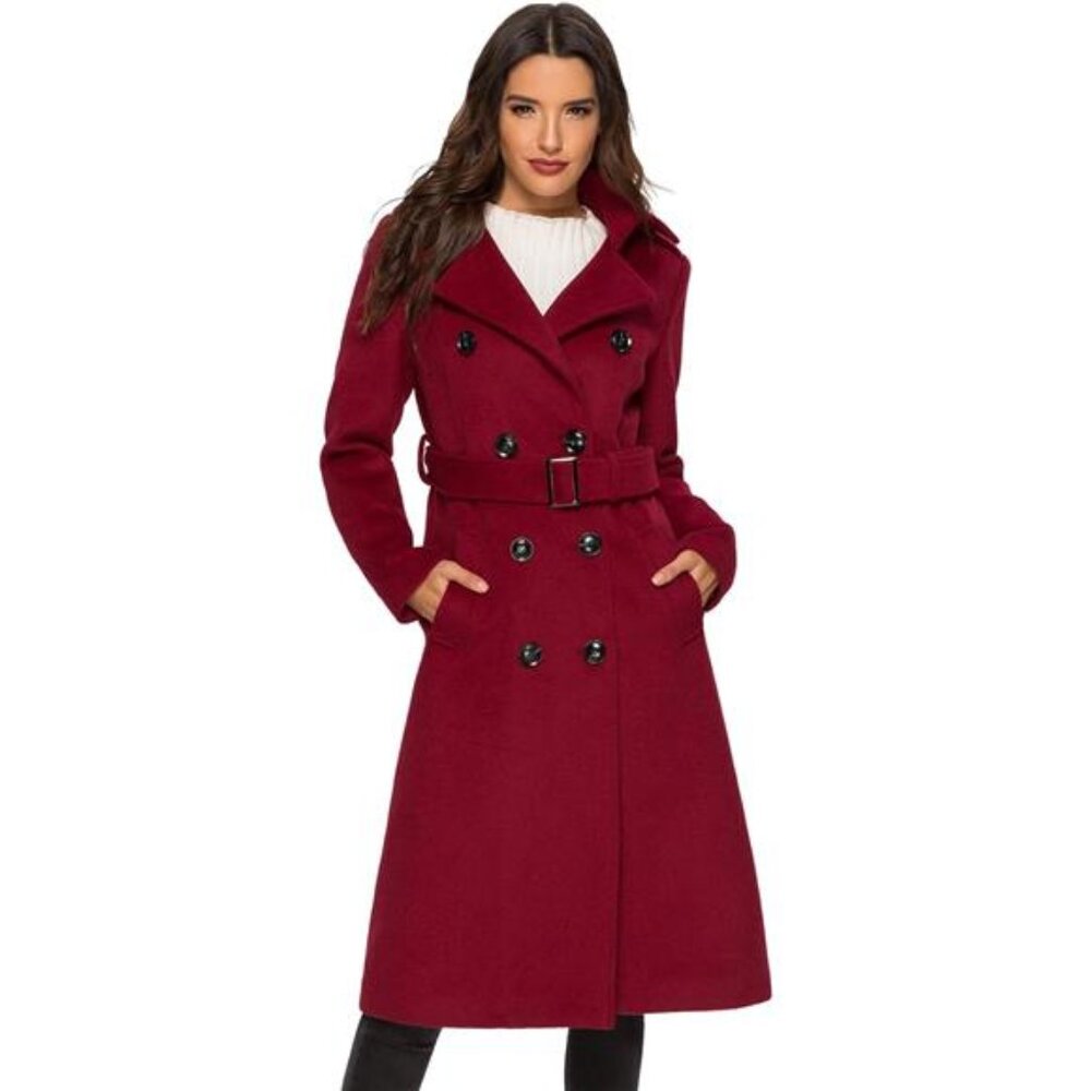 Womens Wool Coat Double Breasted Pea Coat Winter Long Trench Coat